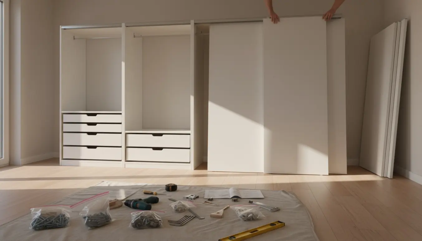 Delvist samlet PAX-garderobe med skyvedøre, skuffer og værktøj klart i et lyst soveværelse.