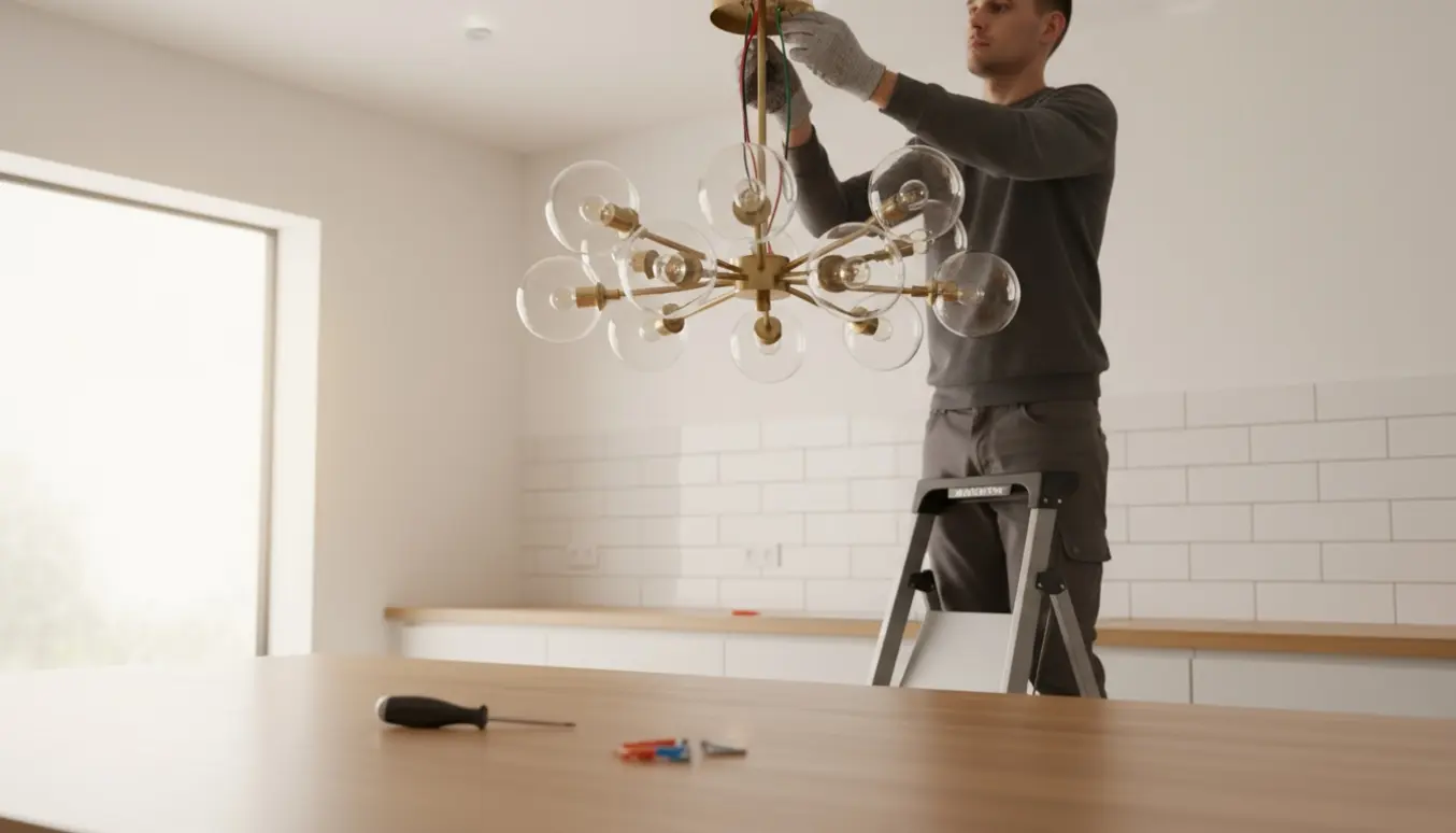 Hænder holder en lysekrone op mod køkkenloftet på en skammel med værktøj og ledninger klar til montering.