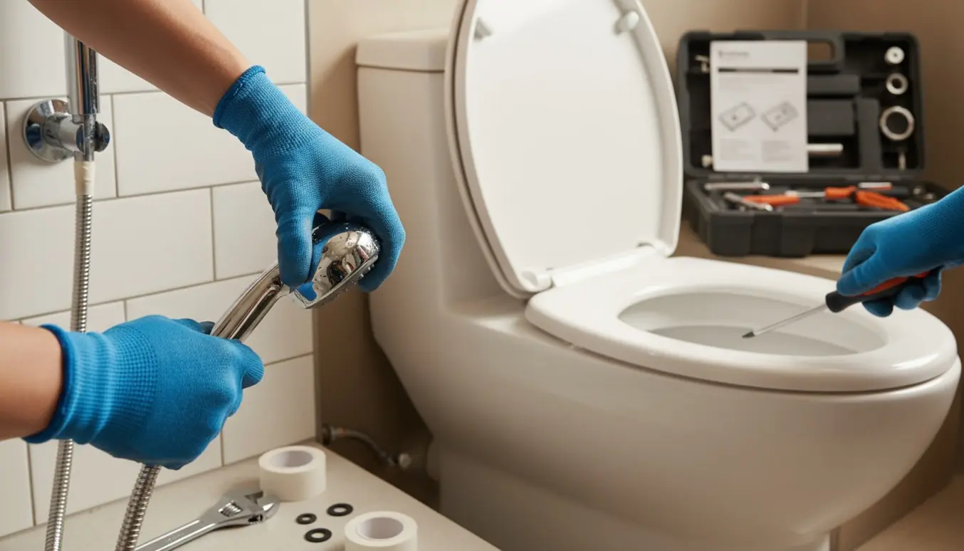 Hænder udskifter bruserhoved og slange og monterer nyt toiletbræt i et lyst badeværelse.