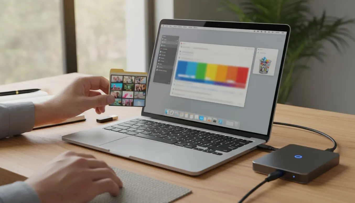 En MacBook på et skrivebord, hvor en person flytter store filer til en ekstern SSD for at frigøre lagerplads.