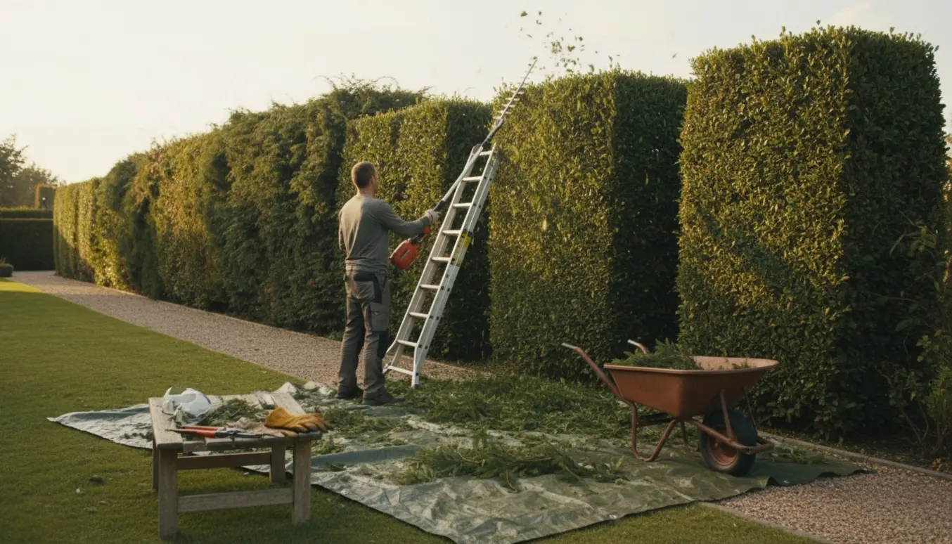 En lang, tæt hæk klippes og renskæres med en langtrækker, mens afklip fyldes i en trillebør.