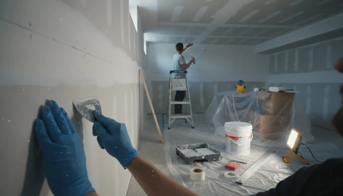 Hænder spartler og maler et gipsloft i en kælder med stige, malerrulle og afdækning.