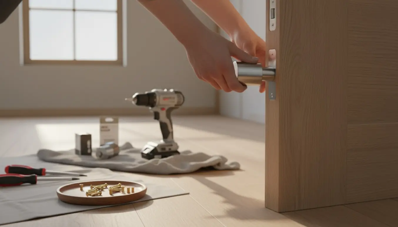 Hænder udskifter en dørcylinder i en lys trædør med værktøj og ekstra cylindre på et bord.