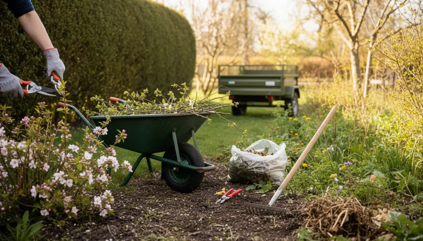 Haveklargøring med handsker der beskærer buske og hæk, trillebør med beskårne grene og opsamlet haveaffald.