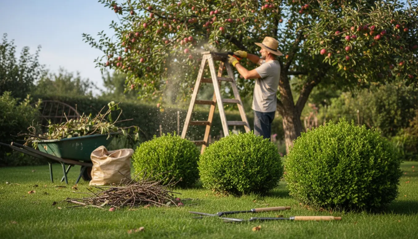 En person beskærer tre buske og et æbletræ i en solbeskinnet have med beskæringsværktøj og en trillebør.