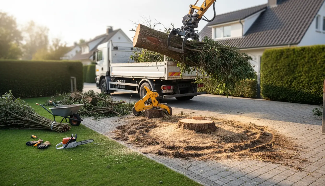 Grabmaskine læsser fældet træstamme, grene og buske på en lastbil ved et parcelhus, klar til bortkørsel.