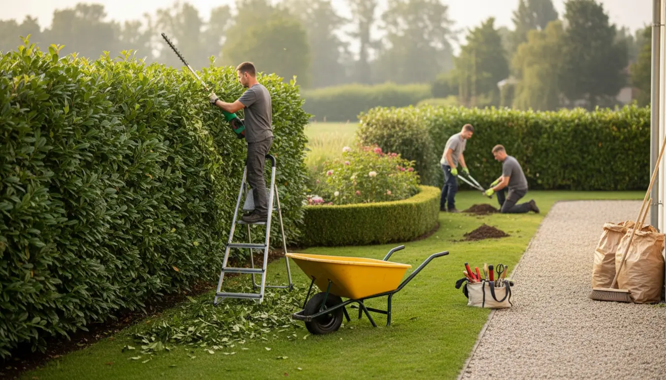 To gartnere trimmer en bred kirsebær- og laurbærhæk fra begge sider, mens andre luger bede ved parkeringsområdet.