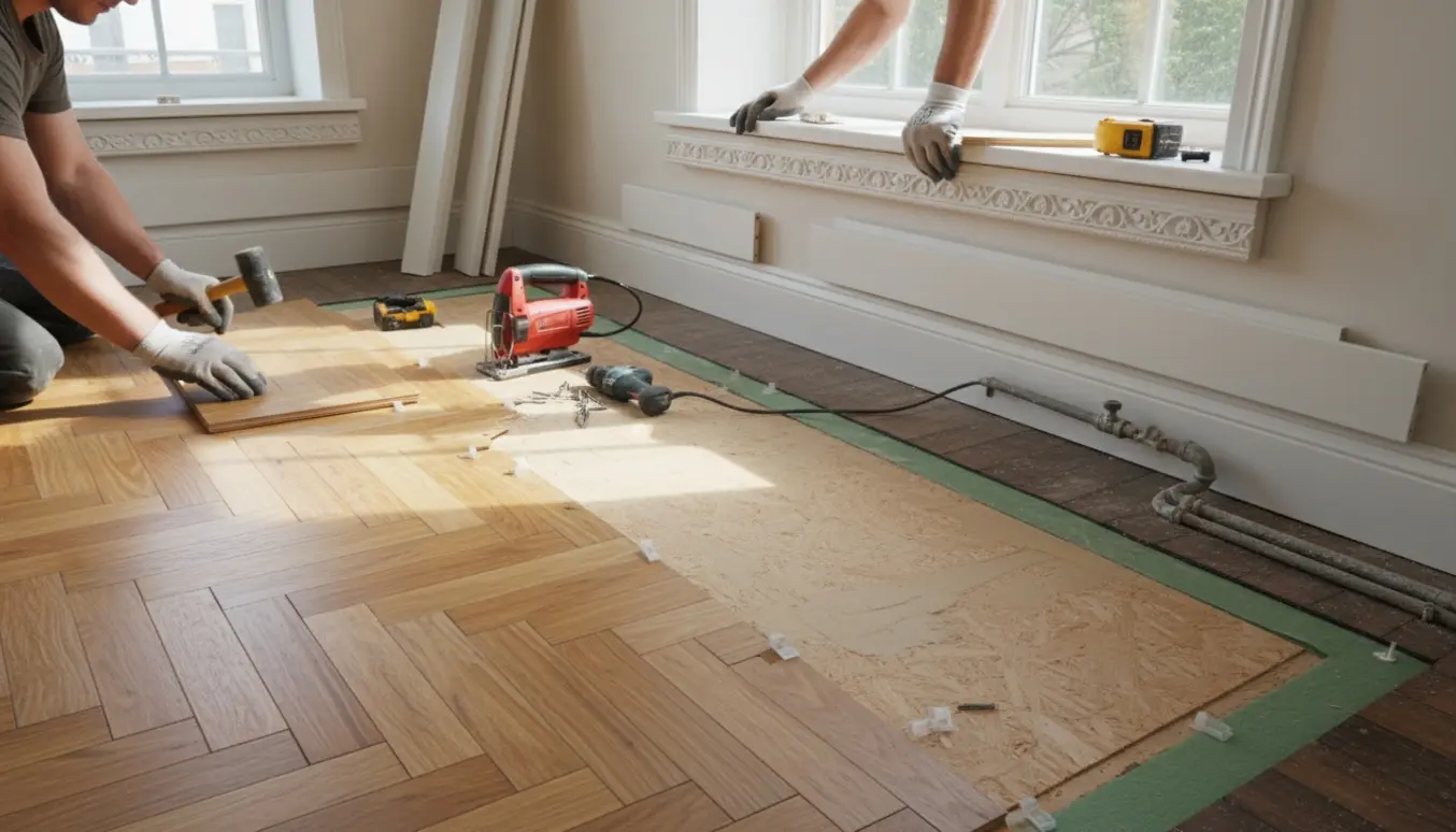 Delvist lagt lamelparket i et lille rum med synligt repareret undergulv, hvide fodpaneler og værktøj.