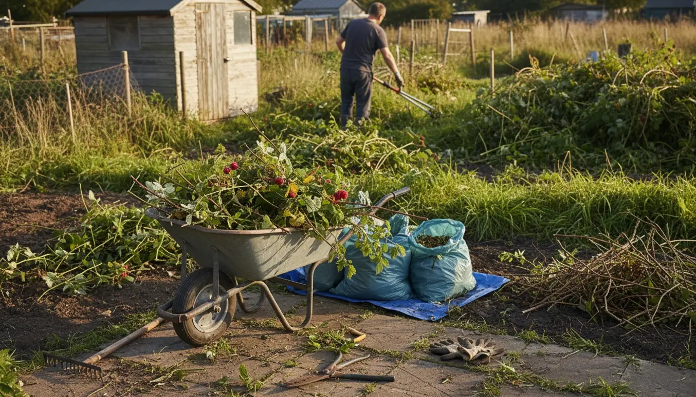 Overgroet kolonihave under rydning med læsset trillebør og bunker af beskårne brombær- og hindbærplanter klar til bortkørsel.