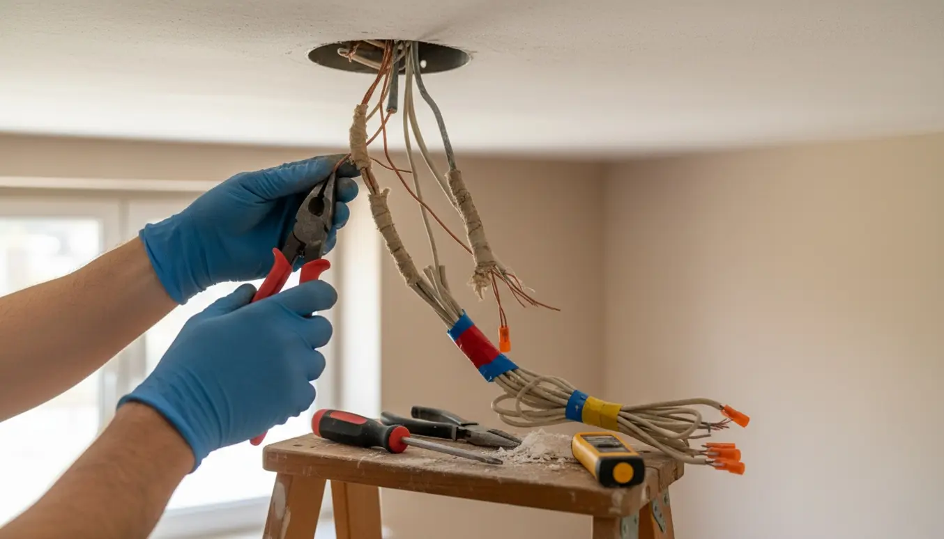 Hænder med isolerede handsker fjerner gamle loftledninger fra en åben forbindelsesdåse.