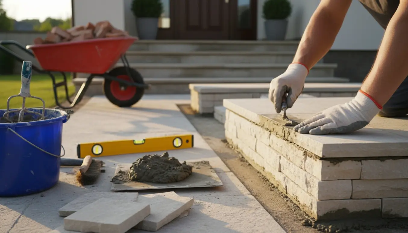 Hænder udjævner mørtel på en ny stenbelagt udendørstrappe i varmt naturligt lys.