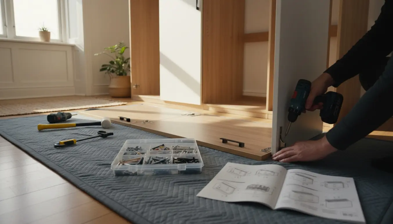 Hænder samler et moderne garderobeskab fra en flatpack-kit i et lyst værelse.