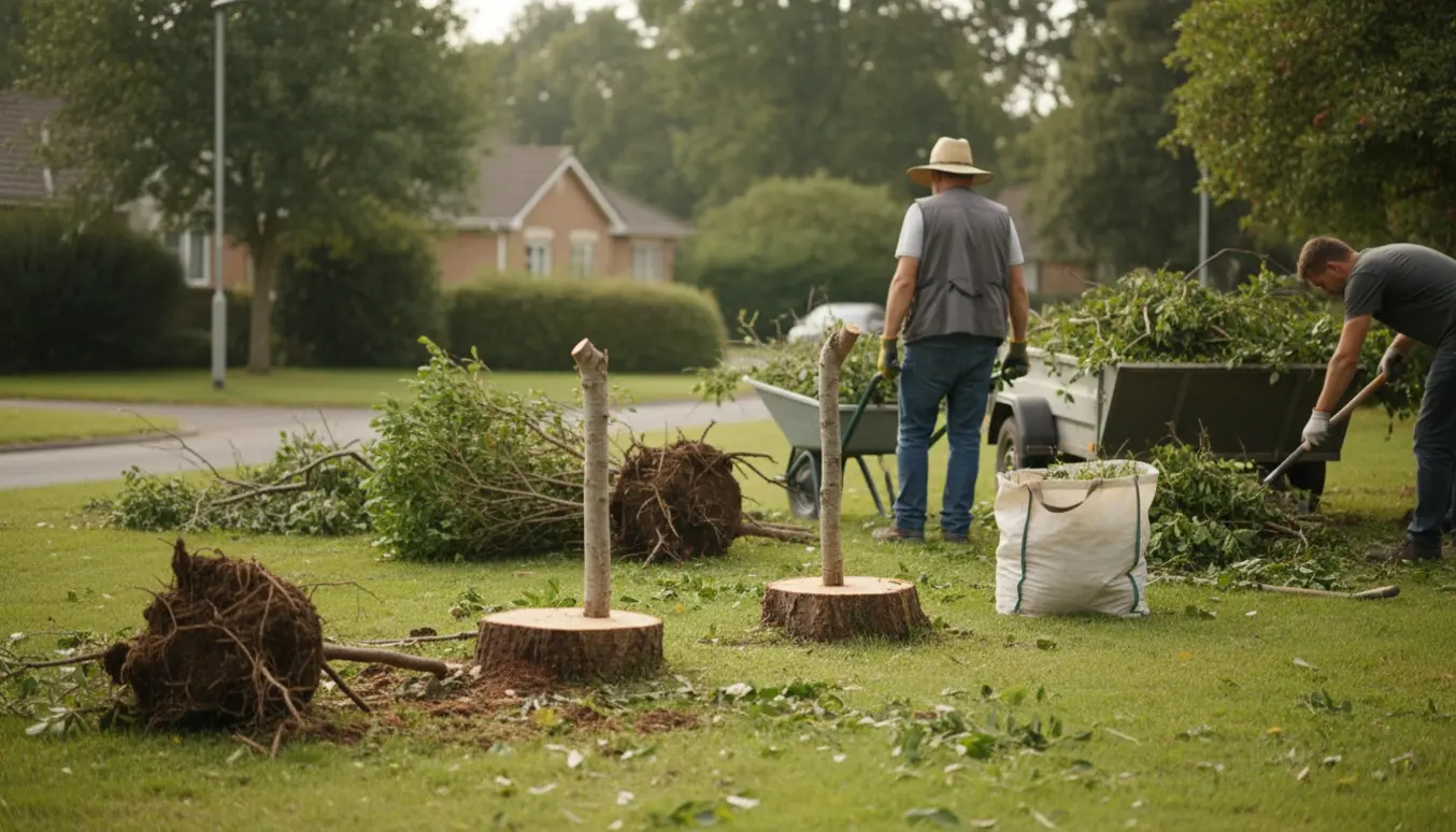 Oprydning i have med fældede små træer, opgravede buske og værktøj klar til bortkørsel.