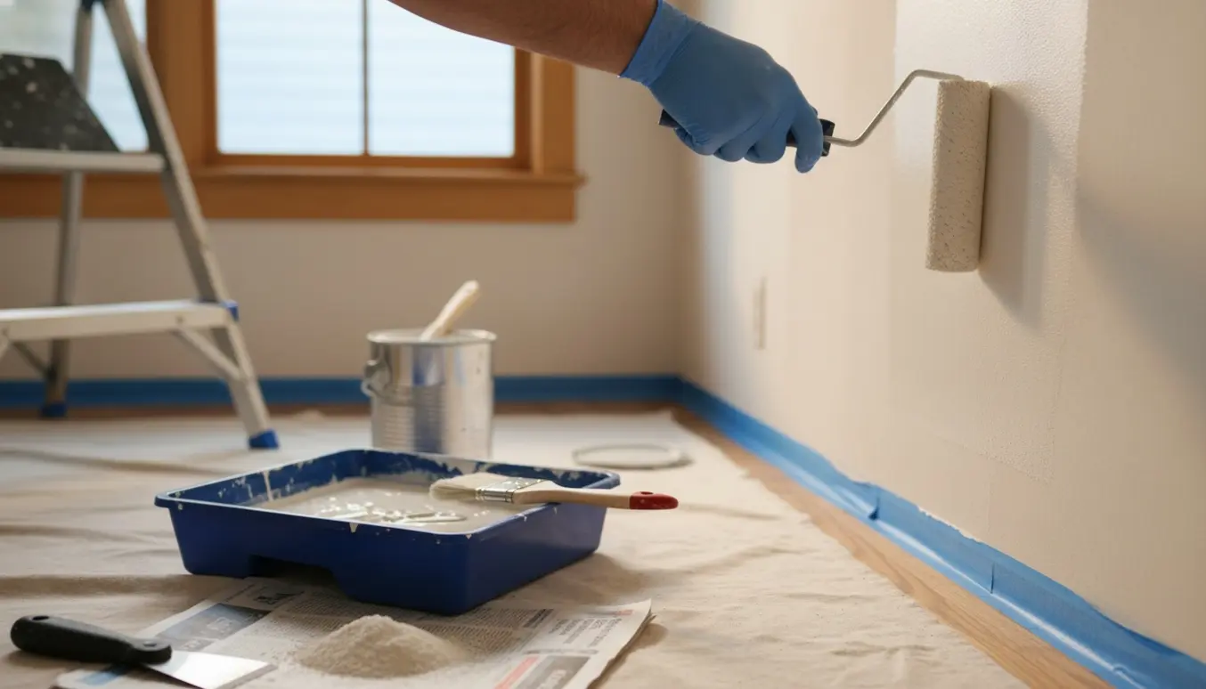 Hænder maler en væg i et lille værelse med rulle, malerbøtte og afdækningsdug i naturligt dagslys.