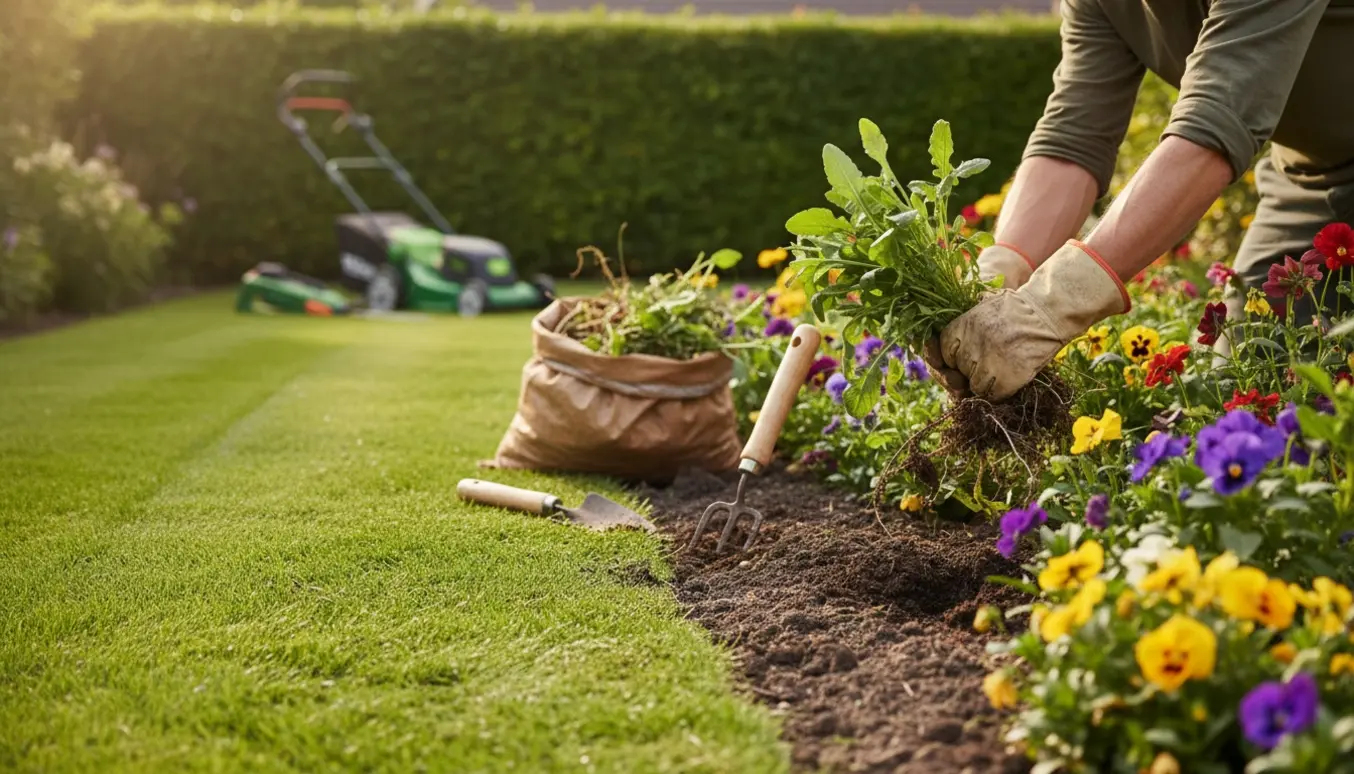 Nærbillede af hænder, der luger et blomsterbed med nyklippet hæk og nyslået græs i baggrunden.