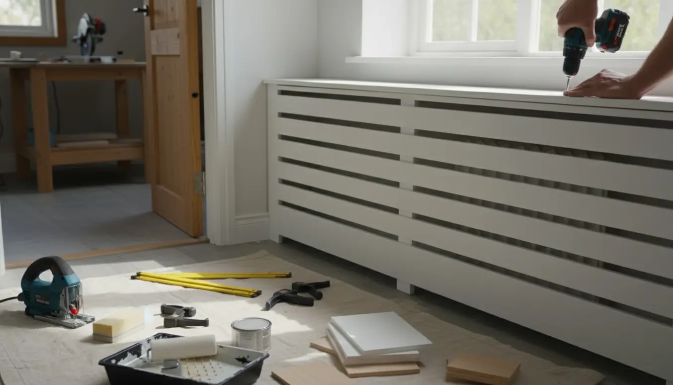 Nyt radiatorskjuler og matchende vinduesplade i lyst rum med værktøj og materialer til montering.