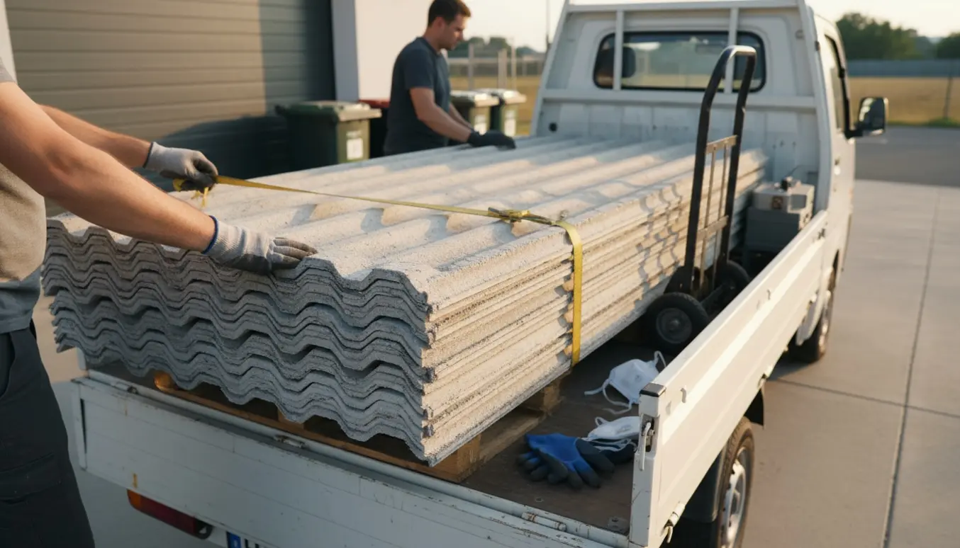 Stakke af eternit tagplader læsses forsigtigt på en lille lastvogn, med arbejdshænder i handsker der spænder stroppe.