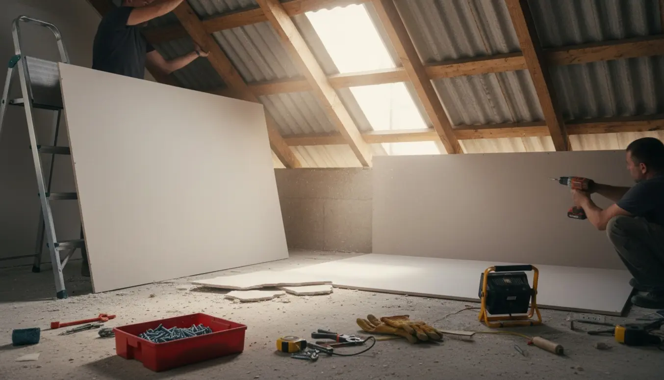 Håndværker monterer en gipsplade i værkstedets loft og løfter en tagplade ind for at reparere et utæt tag.