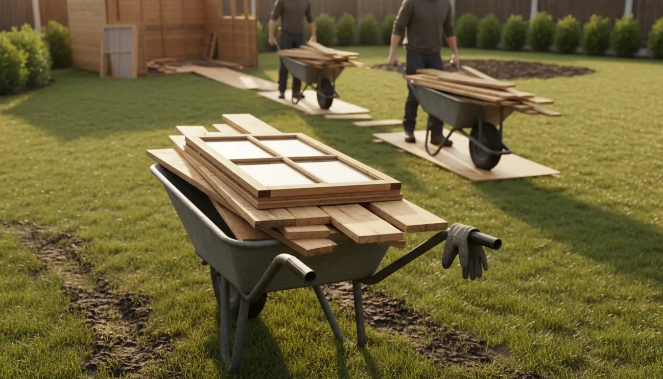 Trillebøre med træplanker og byggematerialer på en græsplæne, klar til at flytte et nedtaget træhus.