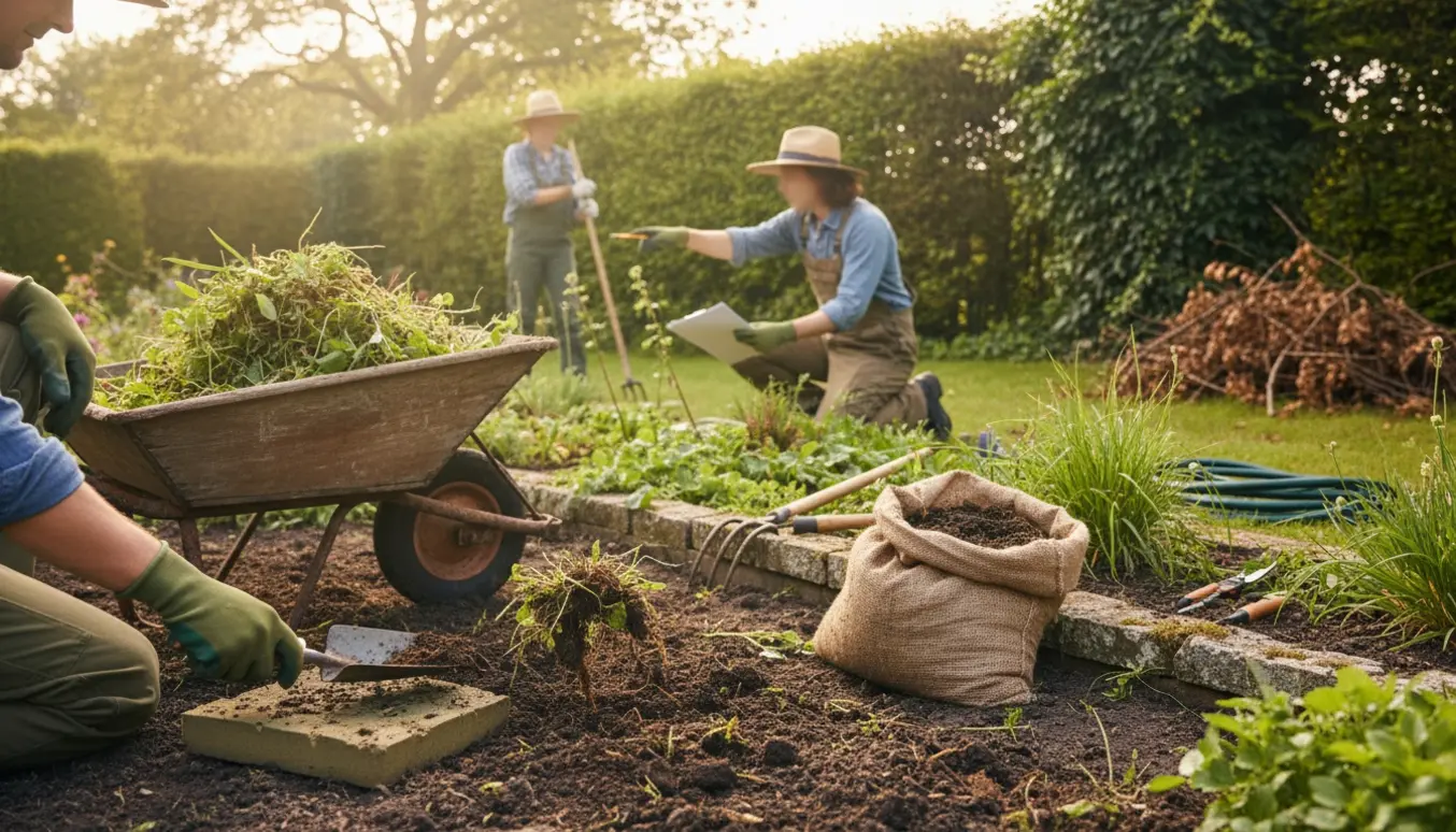 Gartnere luger og planlægger fornyelse i en stor, lidt forsømt have med bede, hække og efeu.