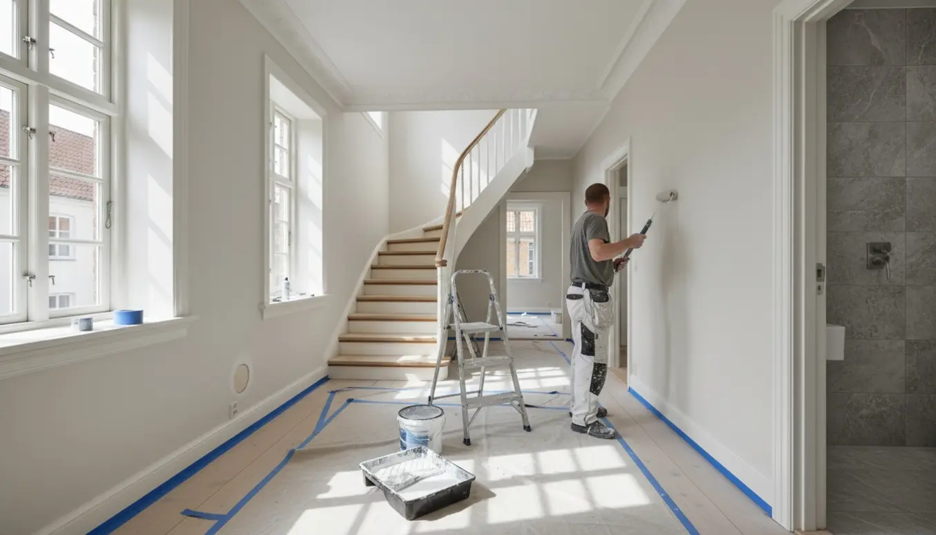 Tom byhusgang i Aarhus med malerværktøj og en maler i færd med at male vægge og lofter.