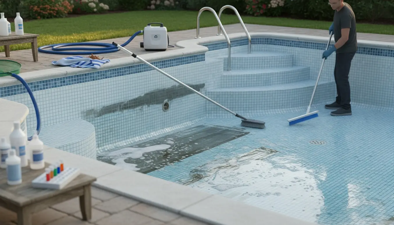 Et tomt udendørs svømmebassin under rengøring med børste, slange og pumpe klar til genopfyldning.