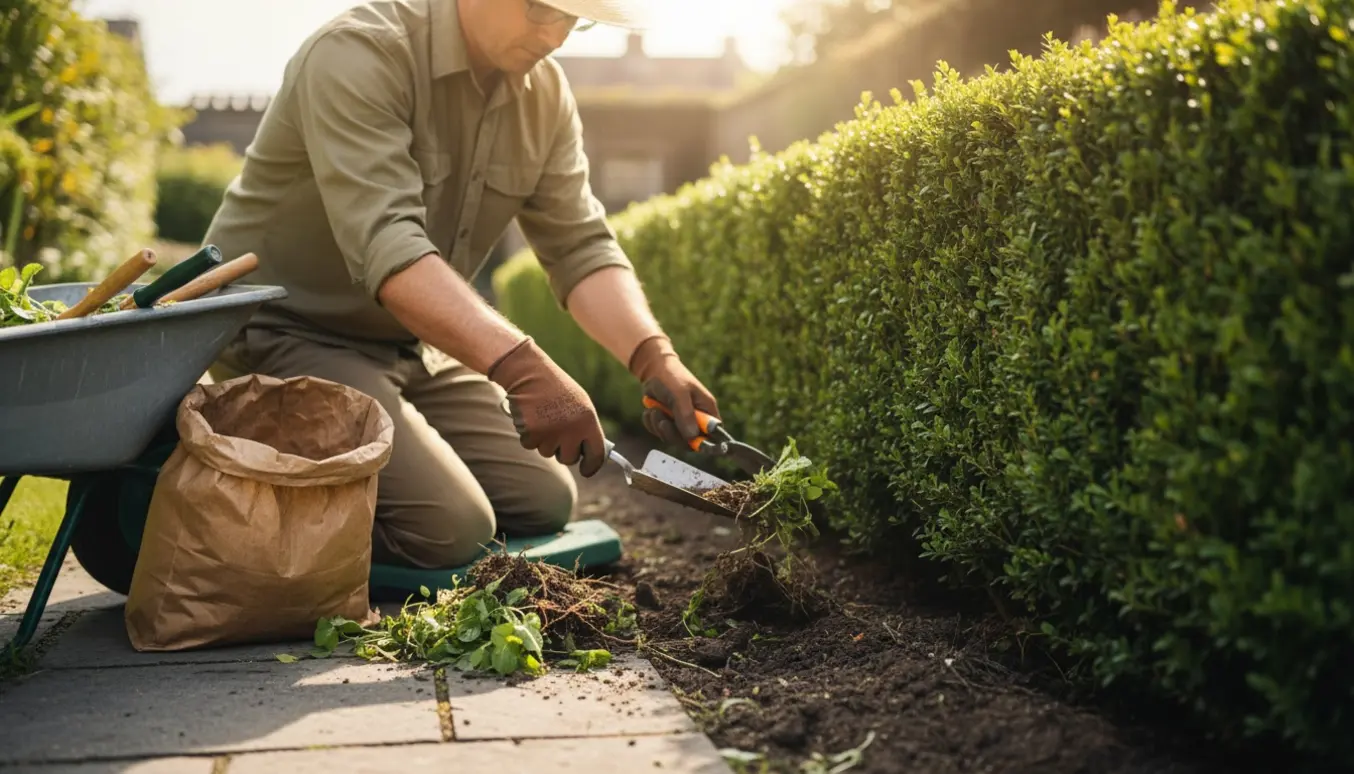 Hæk renses for ukrudt ved hækfoden med håndskovl og beskæresaks, kun hænder og ryg synlige.