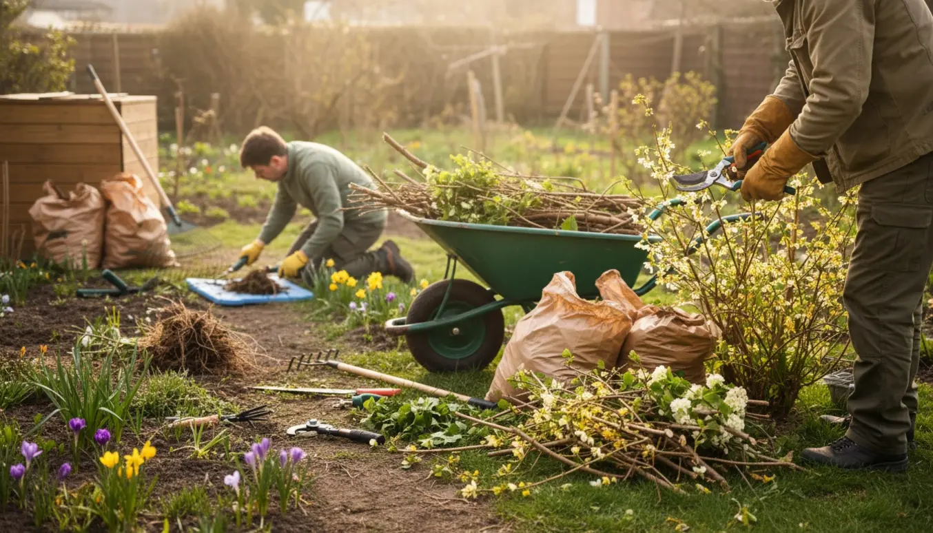Beskæring og ukrudtsrydning i en tidlig forårshave med værktøj og affald i en trillebør.