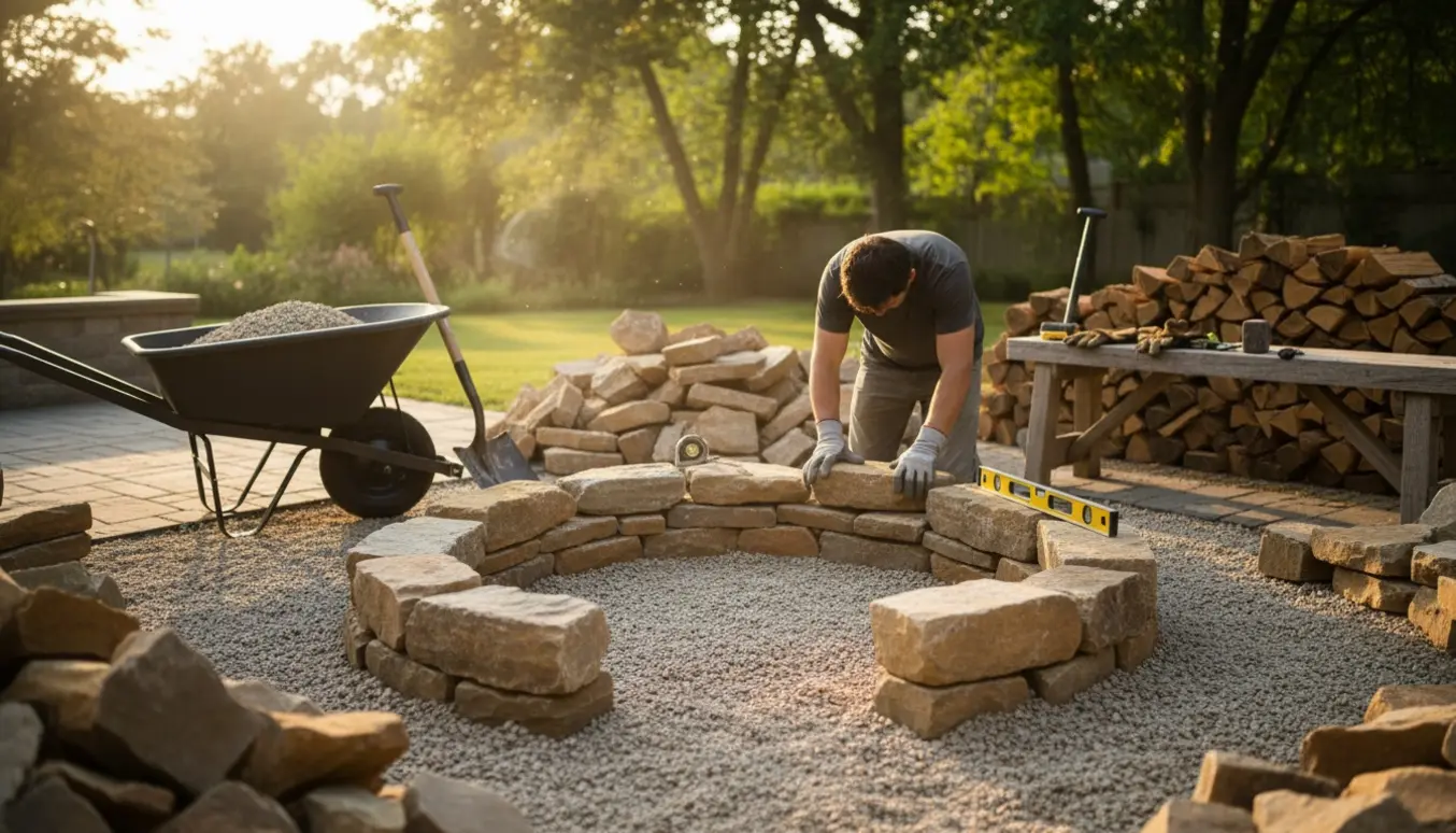 Hænder bygger et rundt bålsted af natursten på et grusfundament i en baggård med værktøj og brænde ved siden af.
