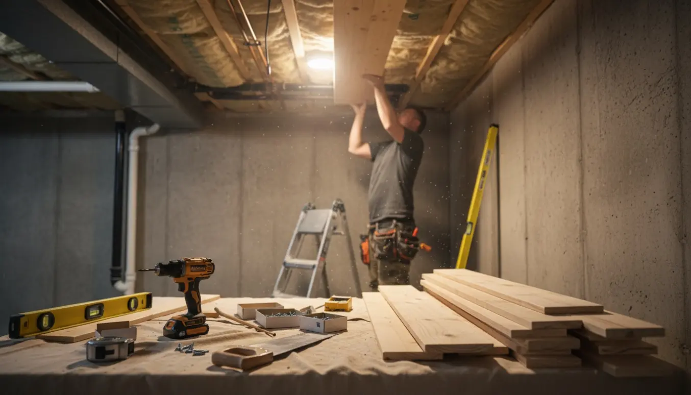 Kælderloft under montering med træbrædder, stige, værktøj og varmt arbejdslys.