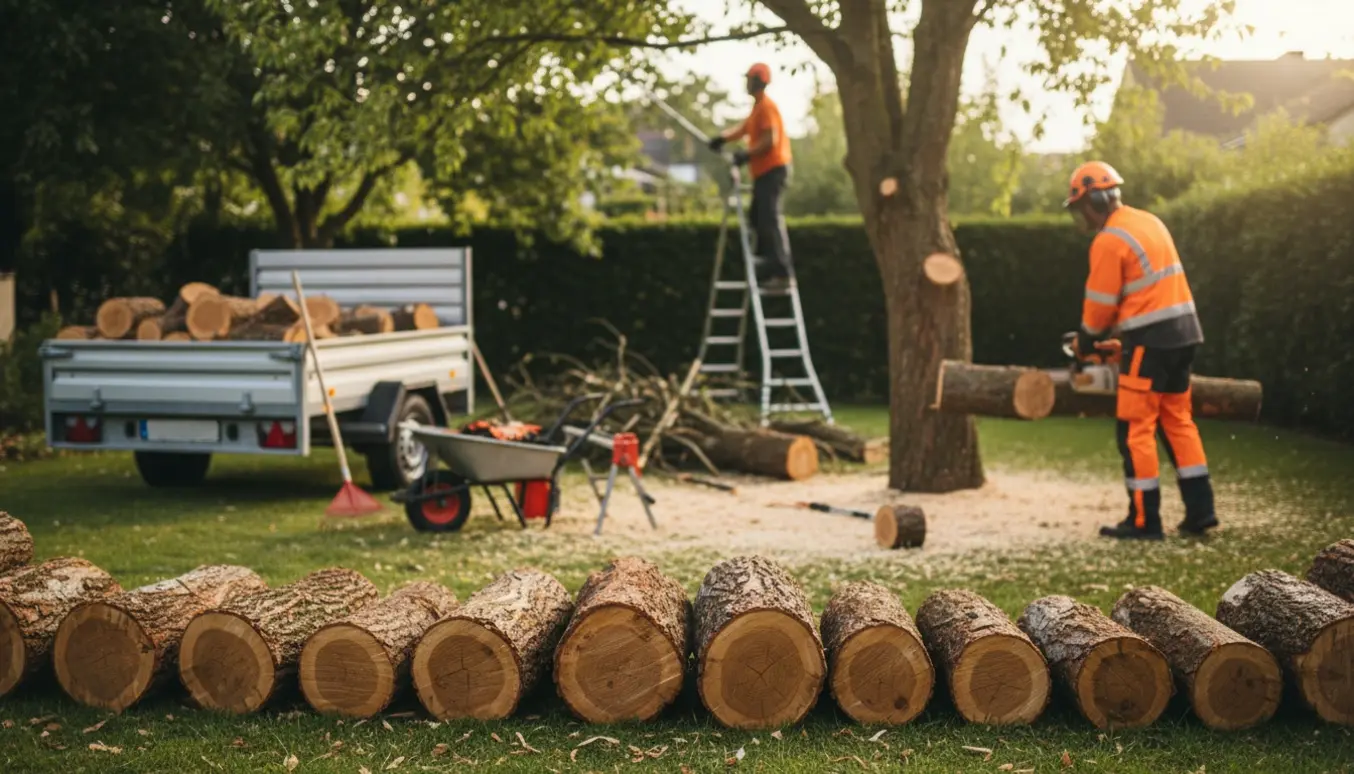 Fælge og opskæring af have-træ med stammer skåret i mindre stykker og stablet ved en trailer.