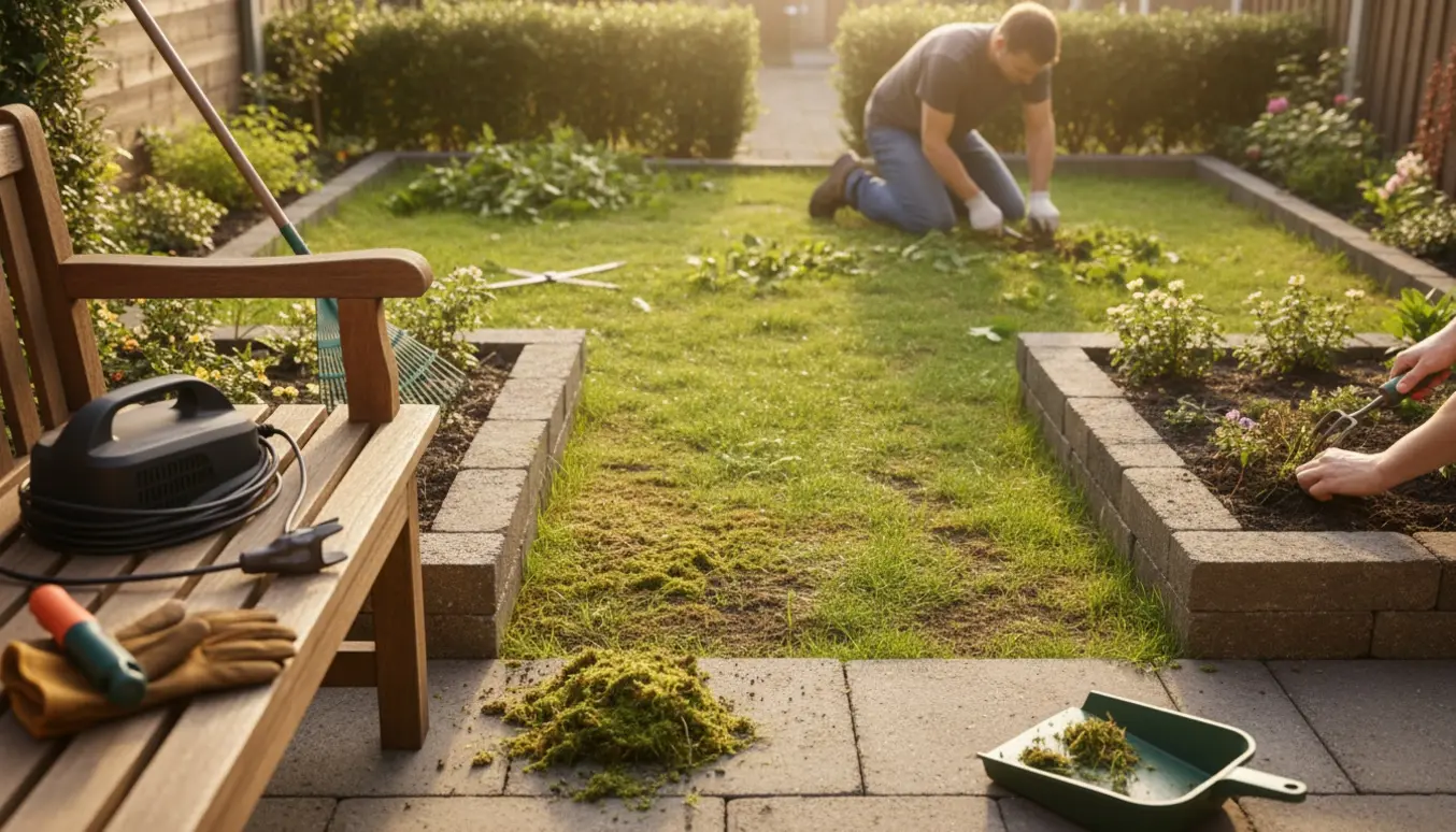 To små haver med mos på plænerne, blomsterbede under lugning, ukrudt mellem fliserne og haveredskaber liggende fremme.