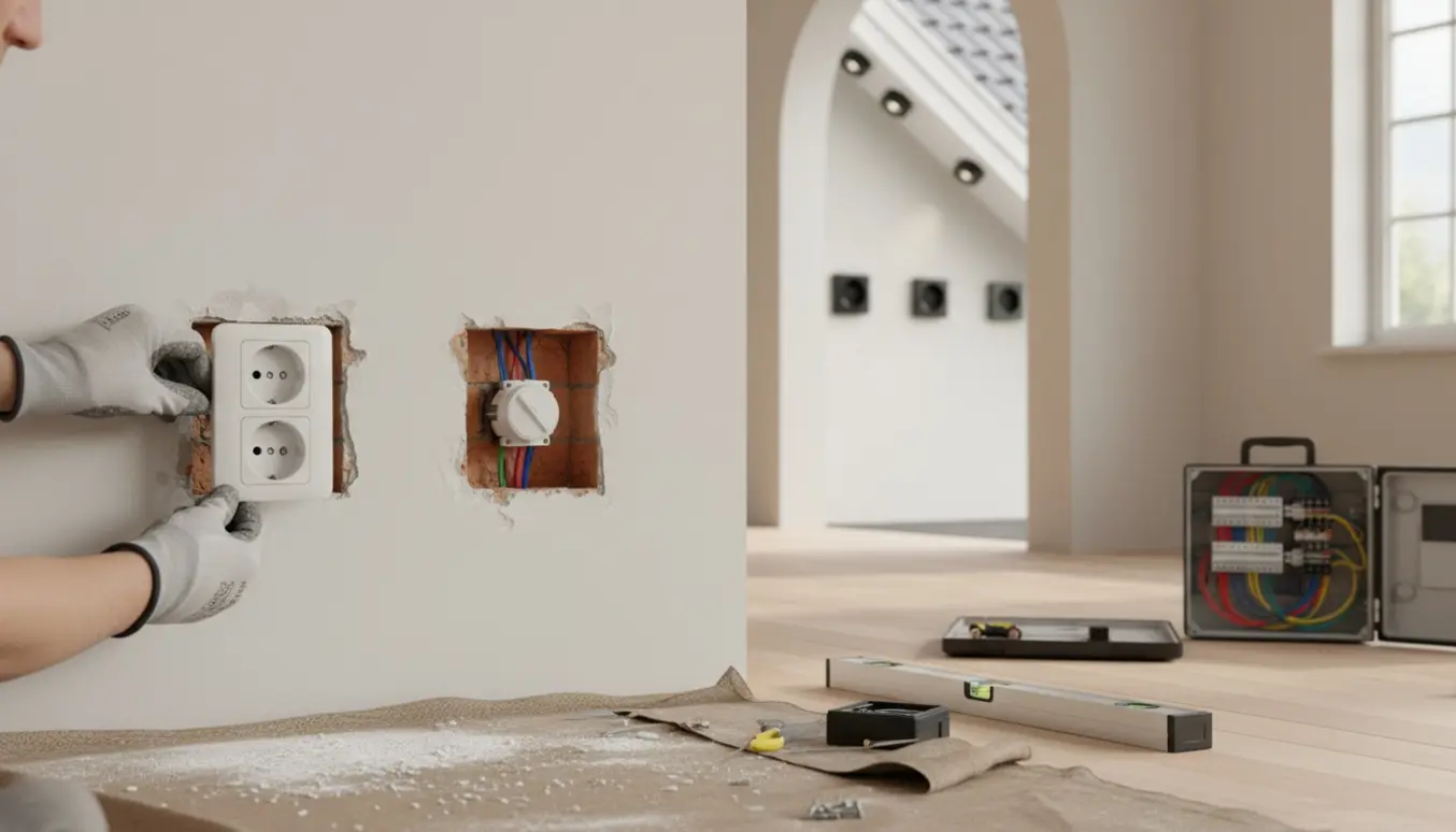 Hænder monterer LK Fuga stikkontakter indendørs med sorte udendørsarmaturer synlige under udhænget.