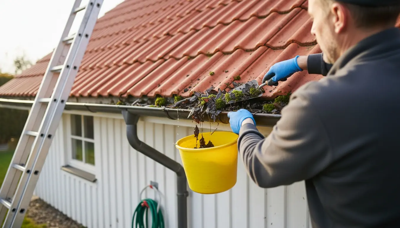 Handskerede hænder fjerner våde blade og mos fra tagrenden på et lille andelshus med rødt tegltag.