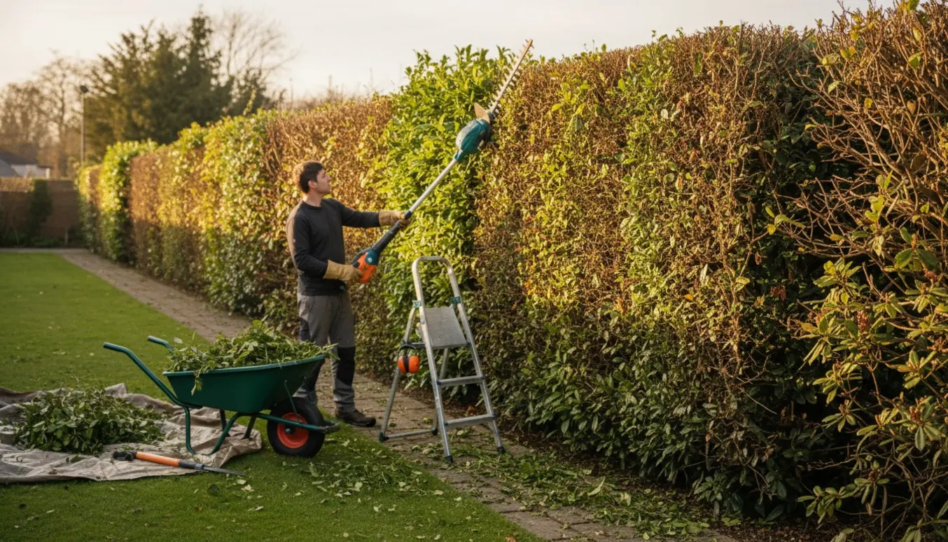 En person beskærer en høj, gammel hæk med en teleskophækkeklipper, stige og en trillebør fyldt med afklip.