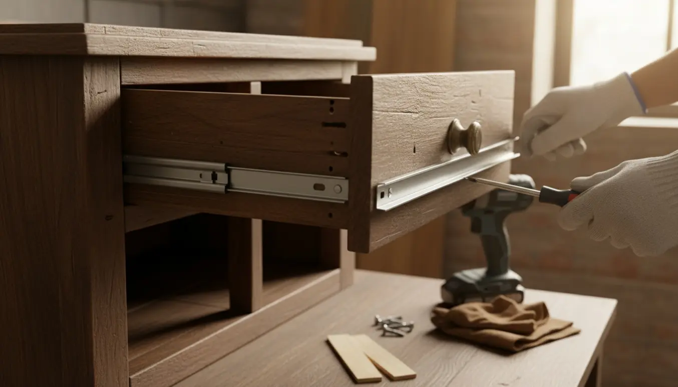 Hængende skuffe på en ældre trækommode, hvor en hånd holder en løs skuffeskinne klar til reparation.