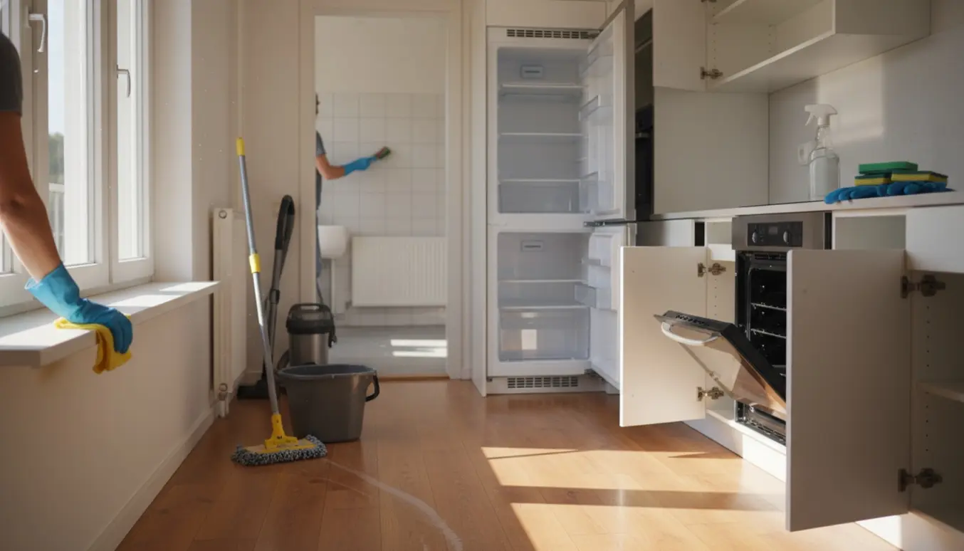 Tomm lejlighed badet i dagslys med rengøringsudstyr og handsker, hvor vinduesramme, ovn og køleskab bliver grundigt rengjort.