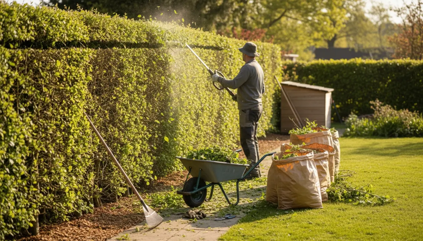 En gartner klipper en lang bøgehæk, mens afklip samles i en trillebør og haveaffald i sække.