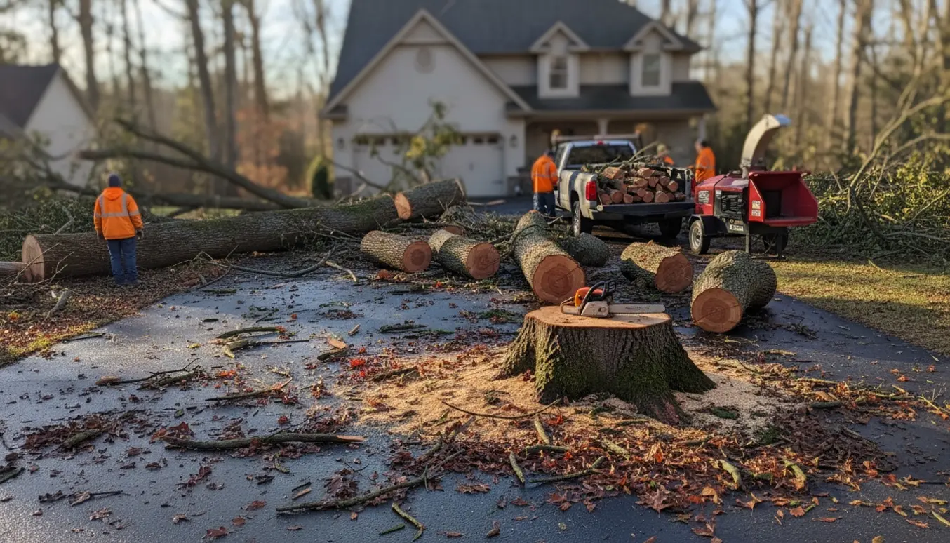 Væltede træer i en indkørsel med fældet stamme, savsmuld og trailer klar til bortskaffelse.