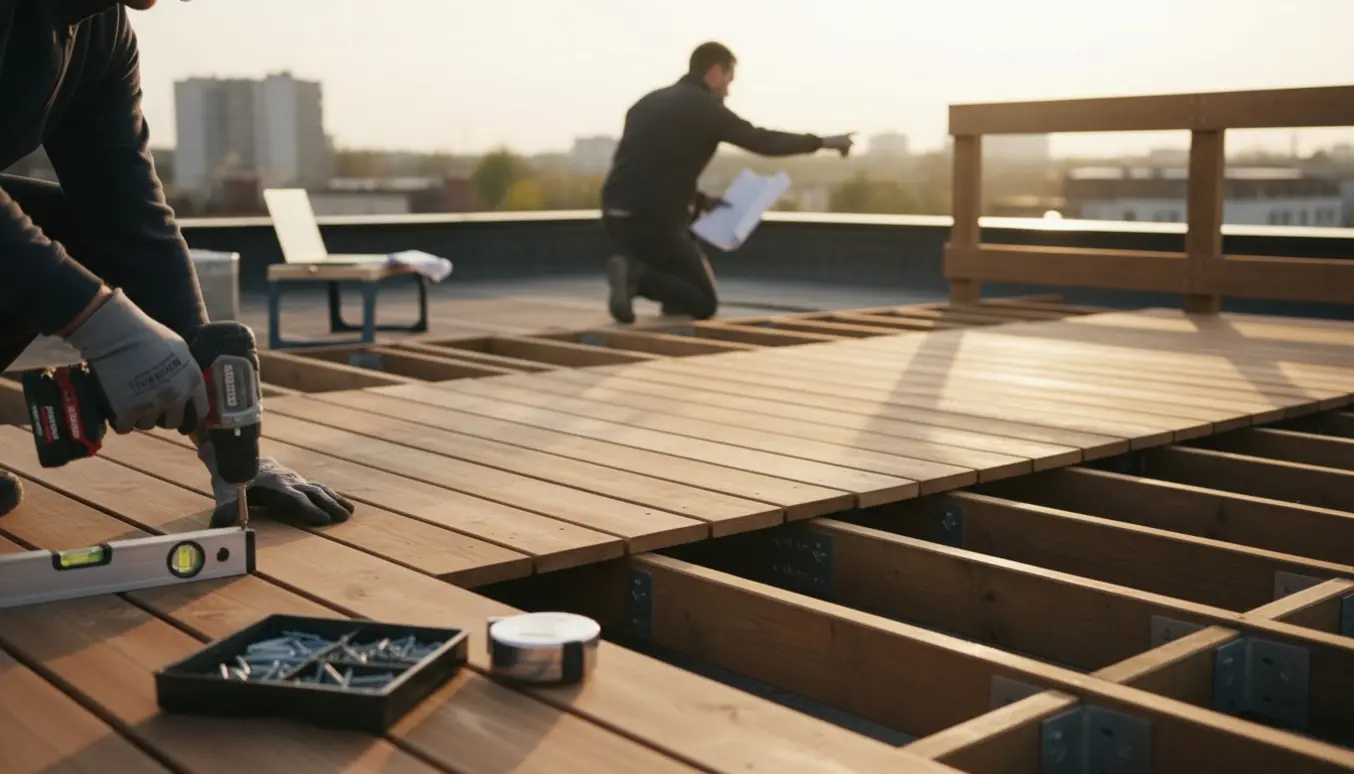 Tagterrasse under opbygning med nye træbrædder og delvist monteret rækværk, mens en tekniker undersøger tagets bæreevne.