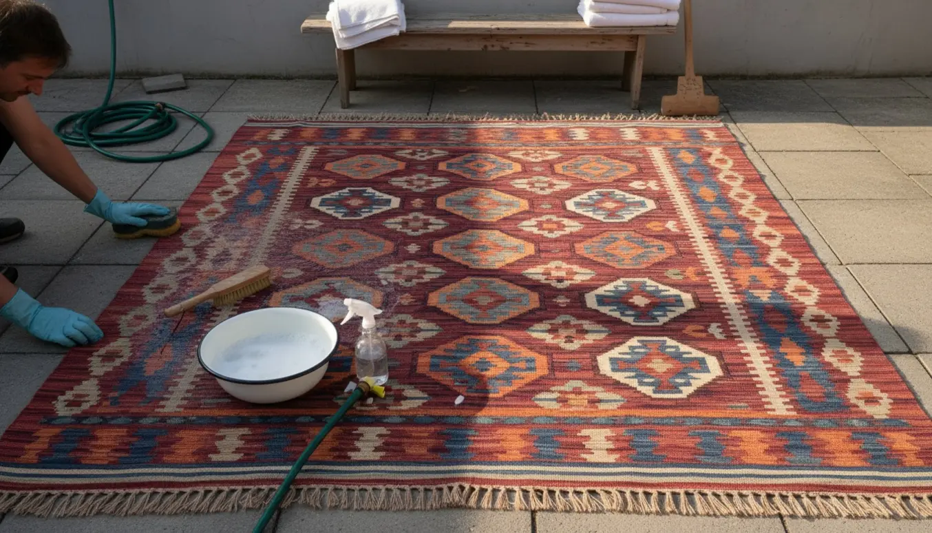 Et 3x4 m kelim-tæppe renses på en solbeskinnet terrasse, halvt vådt og halvt tørt med rengøringsredskaber lagt ved siden af.