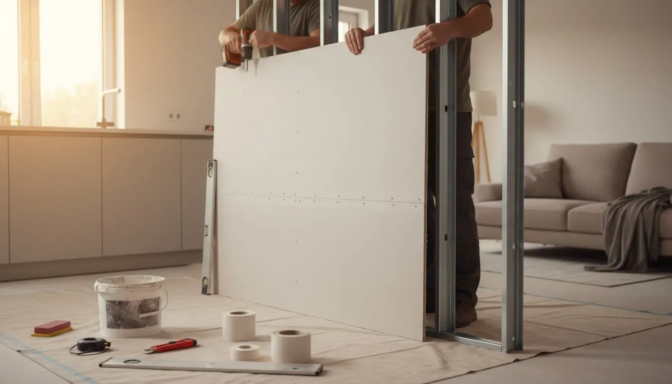 Hænder monterer en gipsplade mellem køkken og stue for at gøre åbningen mindre.