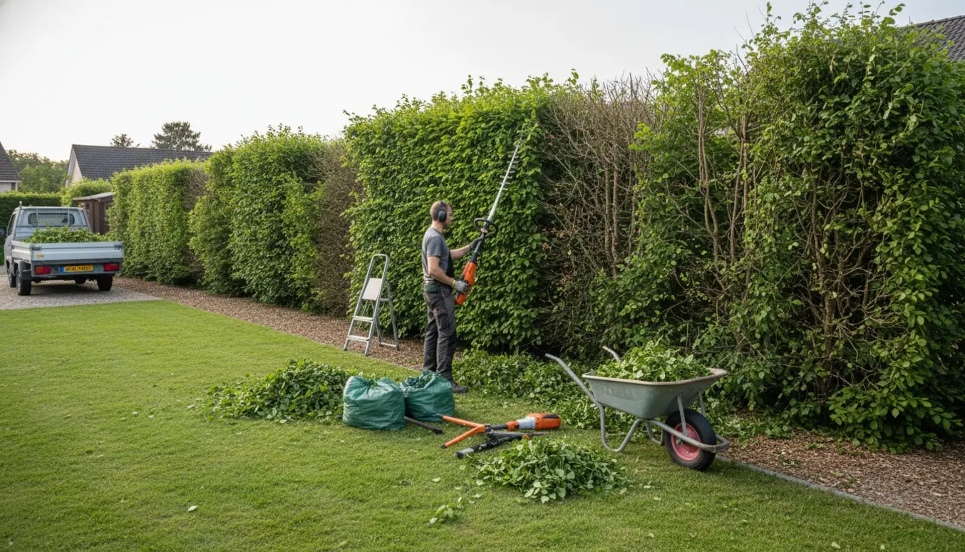 Fagperson klipper og rydder afklip fra en ca. 35 m bøgehæk i en villahave.