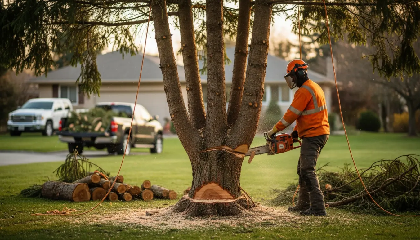 En skovarbejder i sikkerhedsudstyr fælder et 10 m højt gran/fyr med fire stammer, med afsavede stammer og en bunke klar til oprydning.