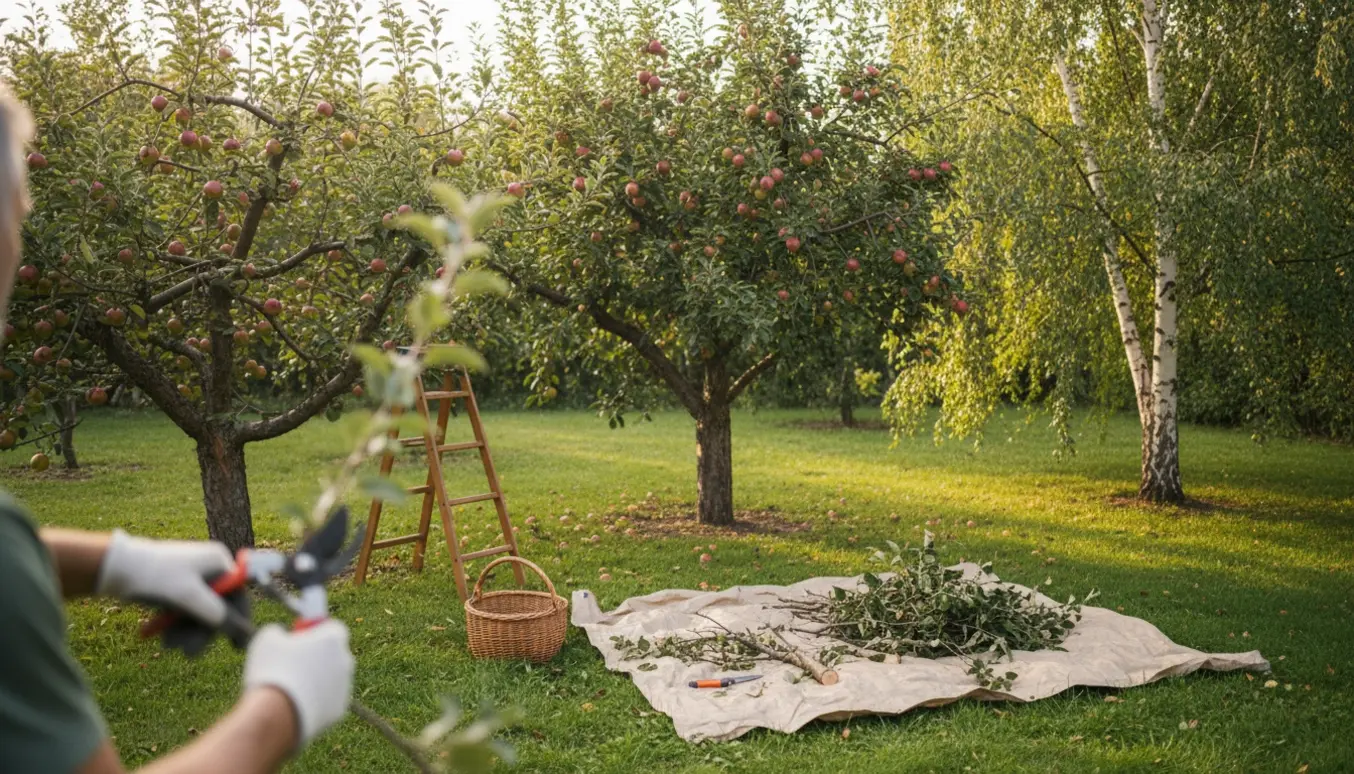 To små æbletræer og en hængebirk beskæres i en baghave med beskæringsværktøj og afskårne grene.