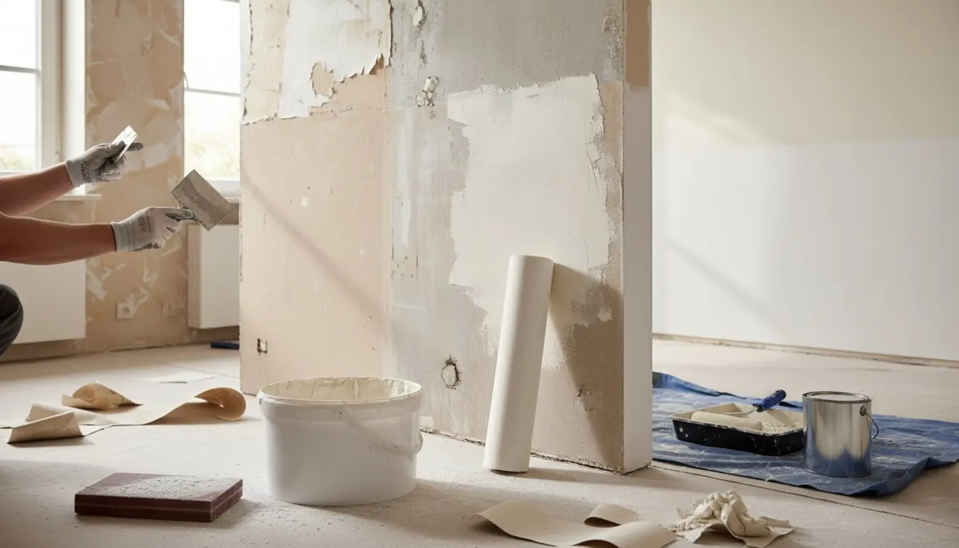 Stue under renovering med fjernet tapet, spartlede vægge, filt og nymalet område.