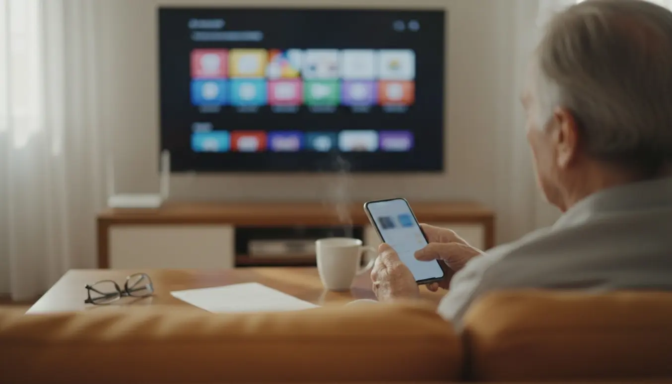 Ældre person installerer en app på TV ved hjælp af smartphone og fjernbetjening i en lys stue.
