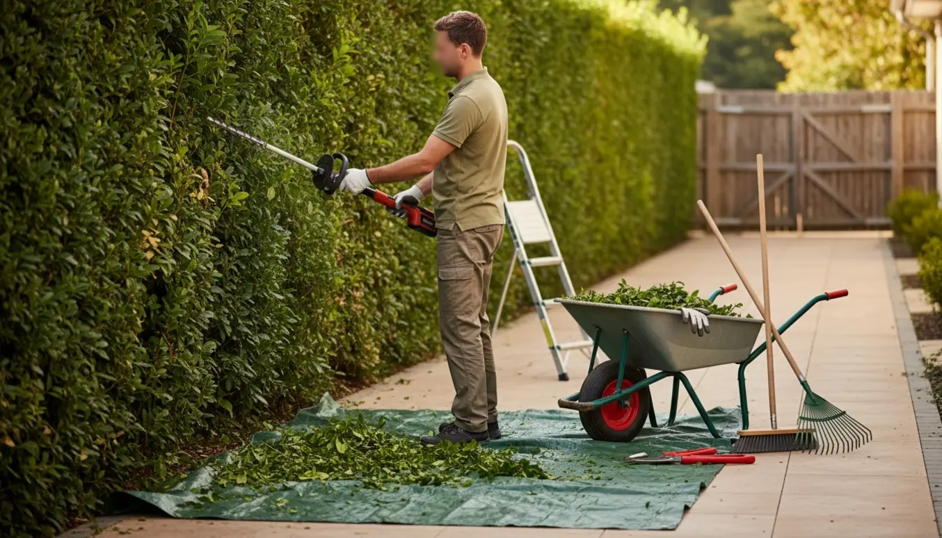 En havearbejder klipper en lang hæk ved stien, afklip ligger i trillebør og på presenning.