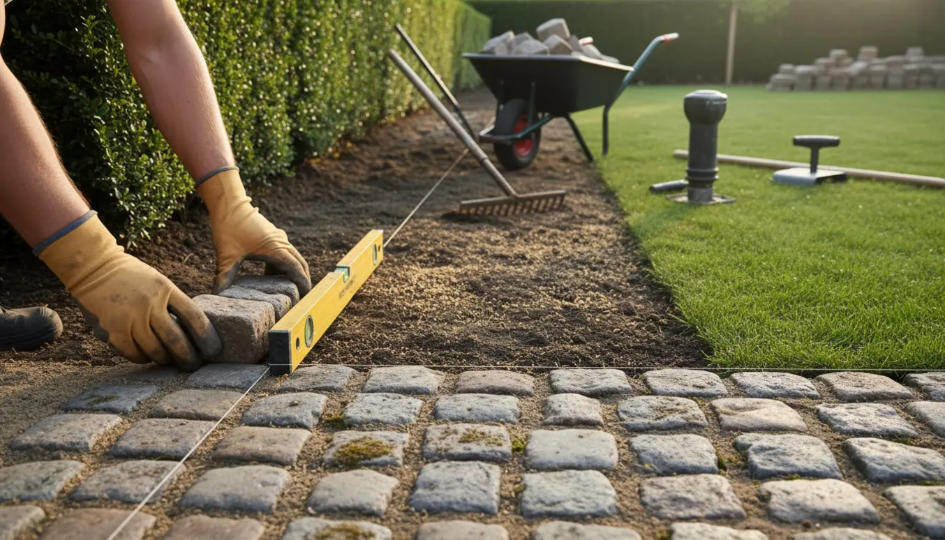 Genbrugte brosten lægges som høj kant langs en hæk, mens jord jævnes og nyt græs sås ved plænen.