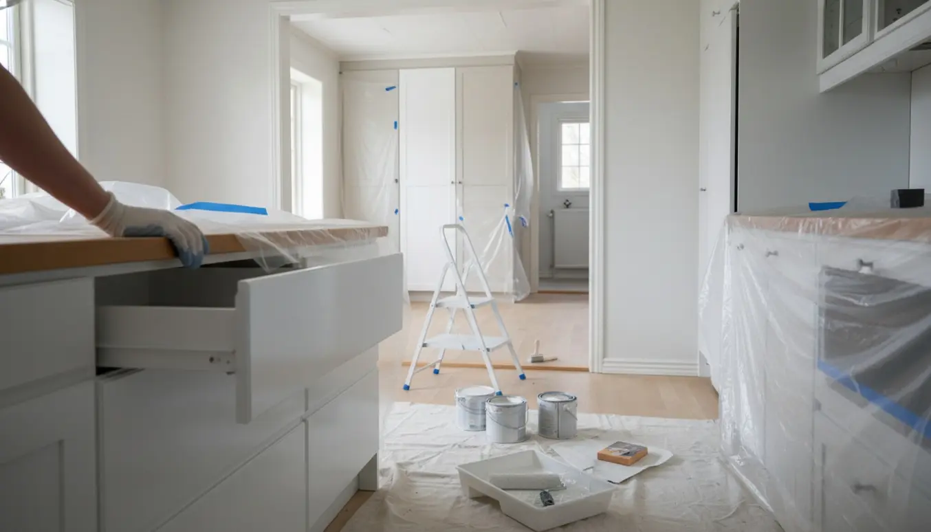 Nymalede hvide køkkenskabe og skuffer med malerudstyr og synlige indbyggede skabe og en hvid radiator i baggrunden.